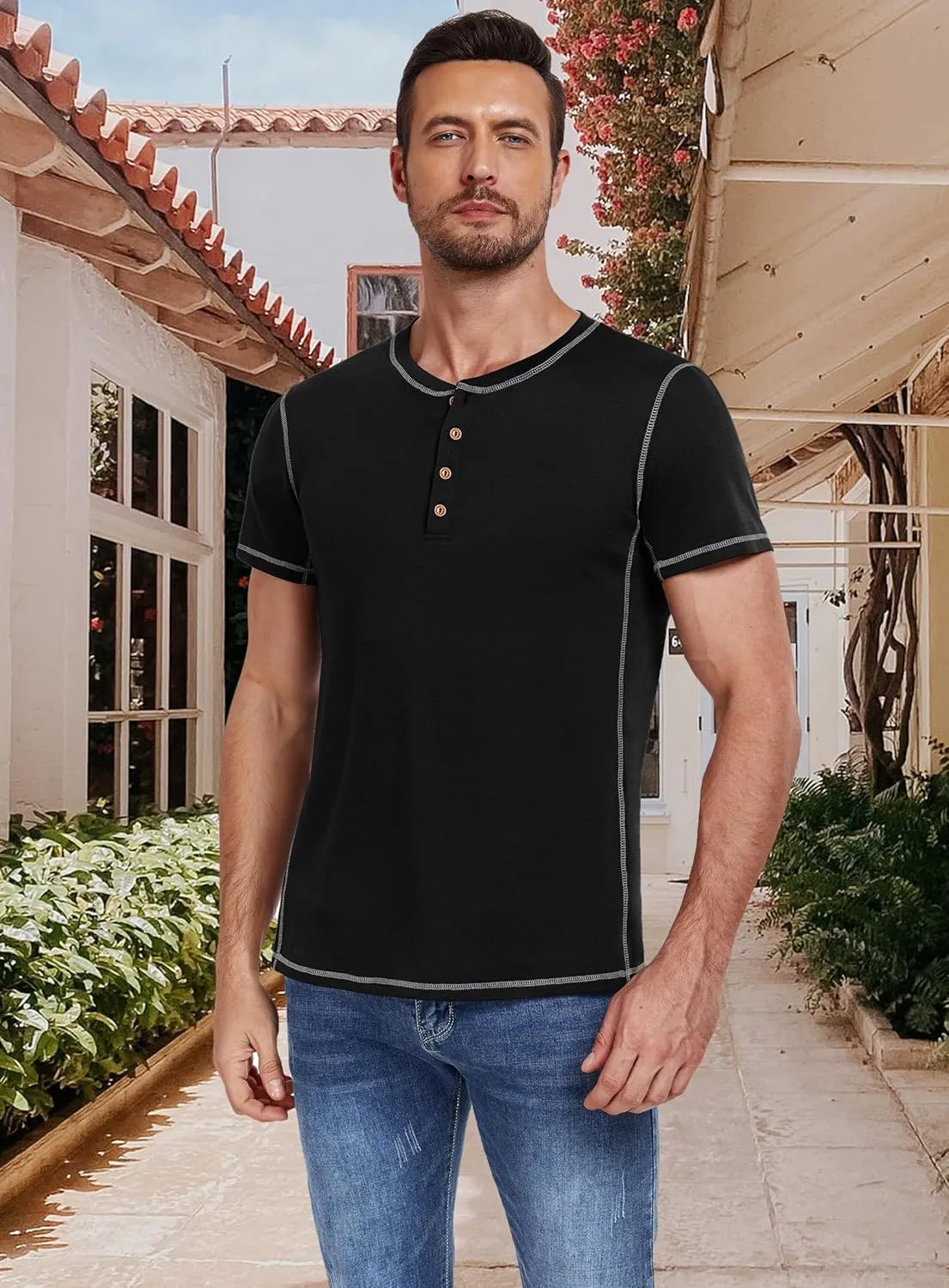 PEGENO Mens Cotton Henley Shirts Short Sleeve Casual T-Shirts Summer Button T Shirts