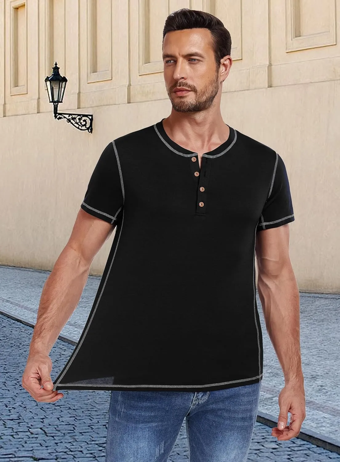 PEGENO Mens Cotton Henley Shirts Short Sleeve Casual T-Shirts Summer Button T Shirts