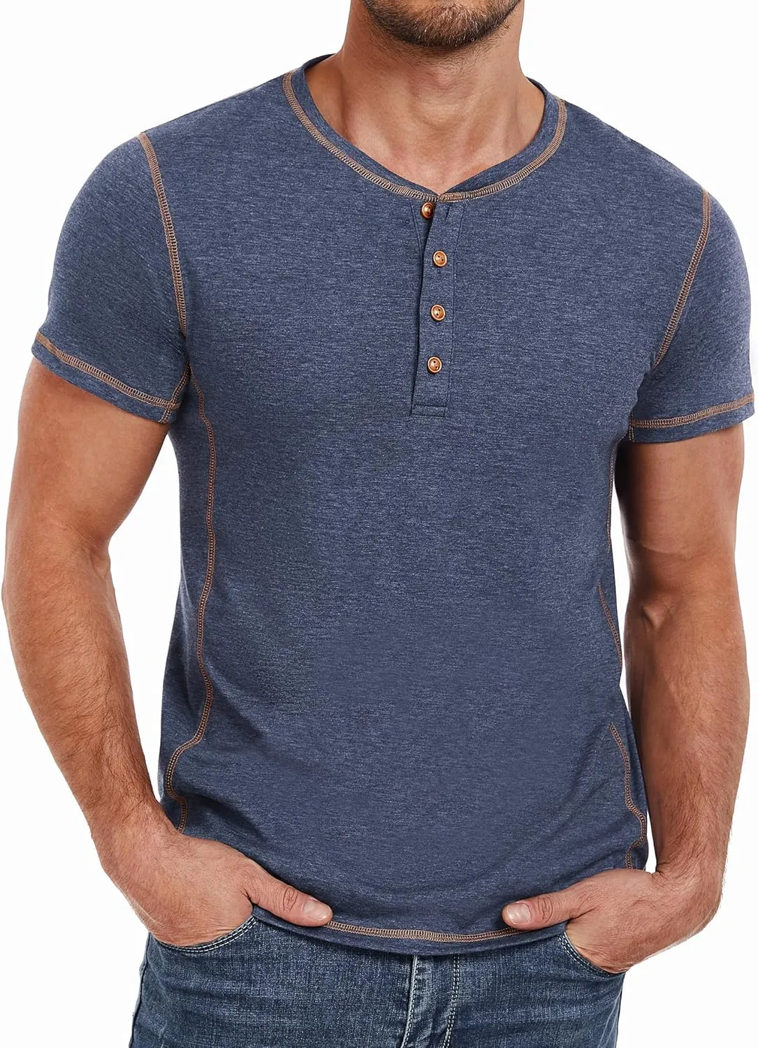 PEGENO Mens Cotton Henley Shirts Short Sleeve Casual T-Shirts Summer Button T Shirts