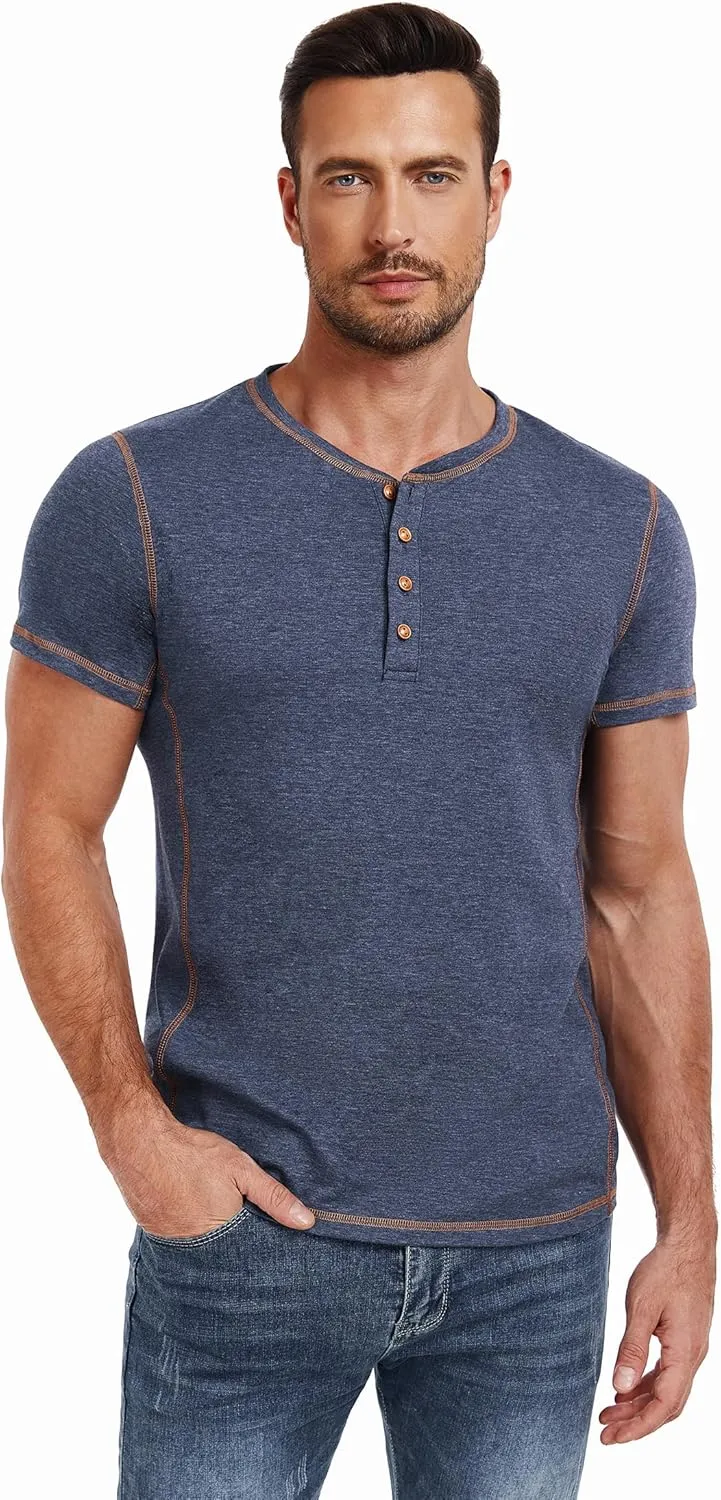PEGENO Mens Cotton Henley Shirts Short Sleeve Casual T-Shirts Summer Button T Shirts