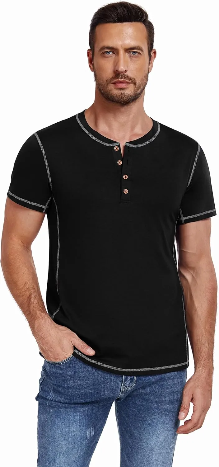 PEGENO Mens Cotton Henley Shirts Short Sleeve Casual T-Shirts Summer Button T Shirts