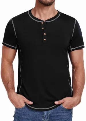 PEGENO Mens Cotton Henley Shirts Short Sleeve Casual T-Shirts Summer Button T Shirts