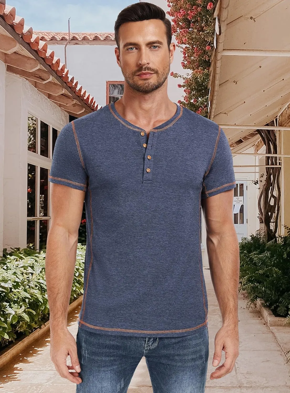 PEGENO Mens Cotton Henley Shirts Short Sleeve Casual T-Shirts Summer Button T Shirts