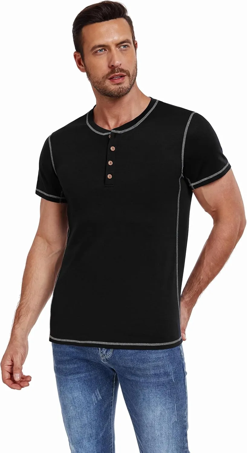 PEGENO Mens Cotton Henley Shirts Short Sleeve Casual T-Shirts Summer Button T Shirts