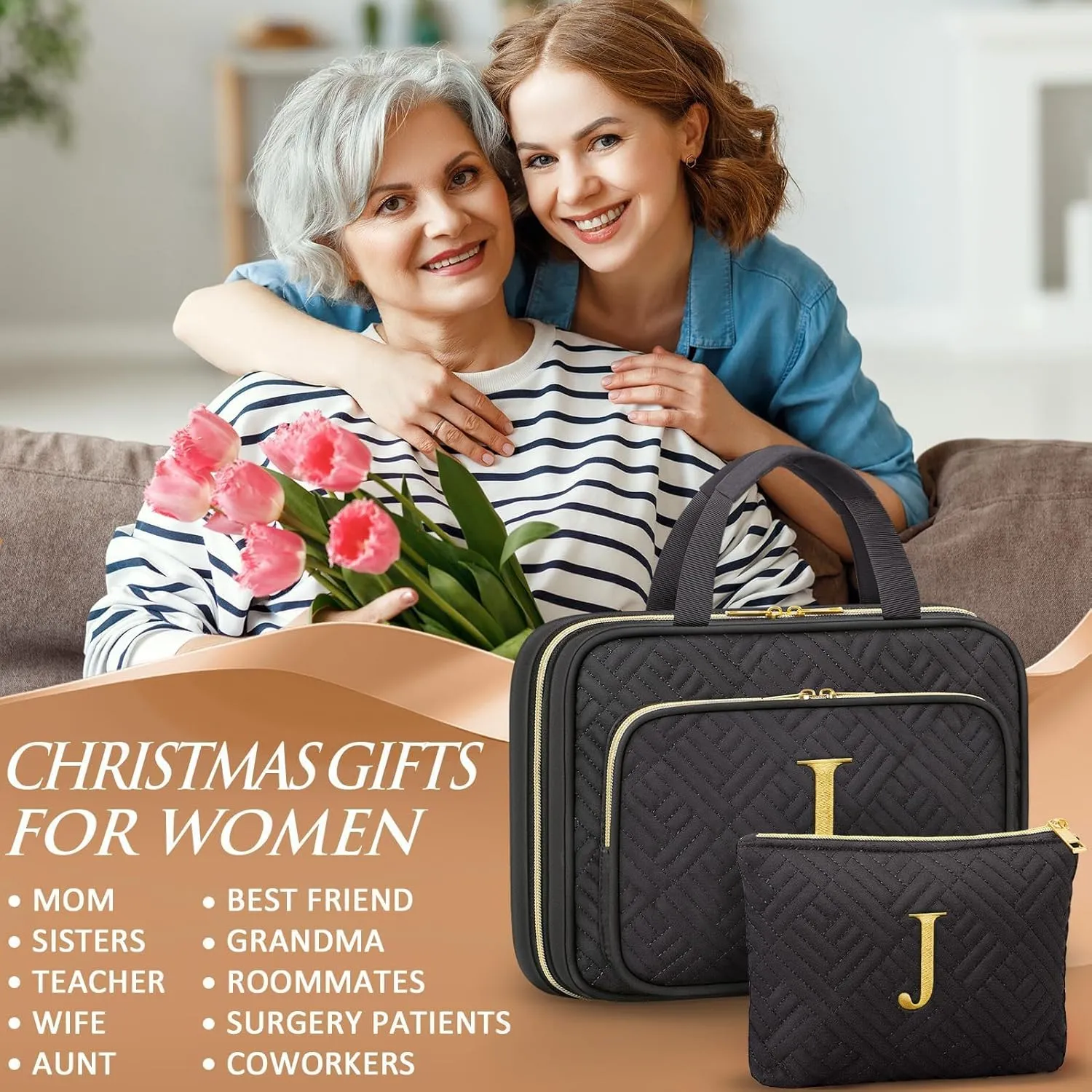 Personalized Gifts for Women, Initial Toiletry Bag Hanging Travel Organizer & Makeup Cosmetic Bag with Embroidery Letter Teacher Appreciation Gift Birthday Mothers Day Gifts for Mom Wife Friend Sister
