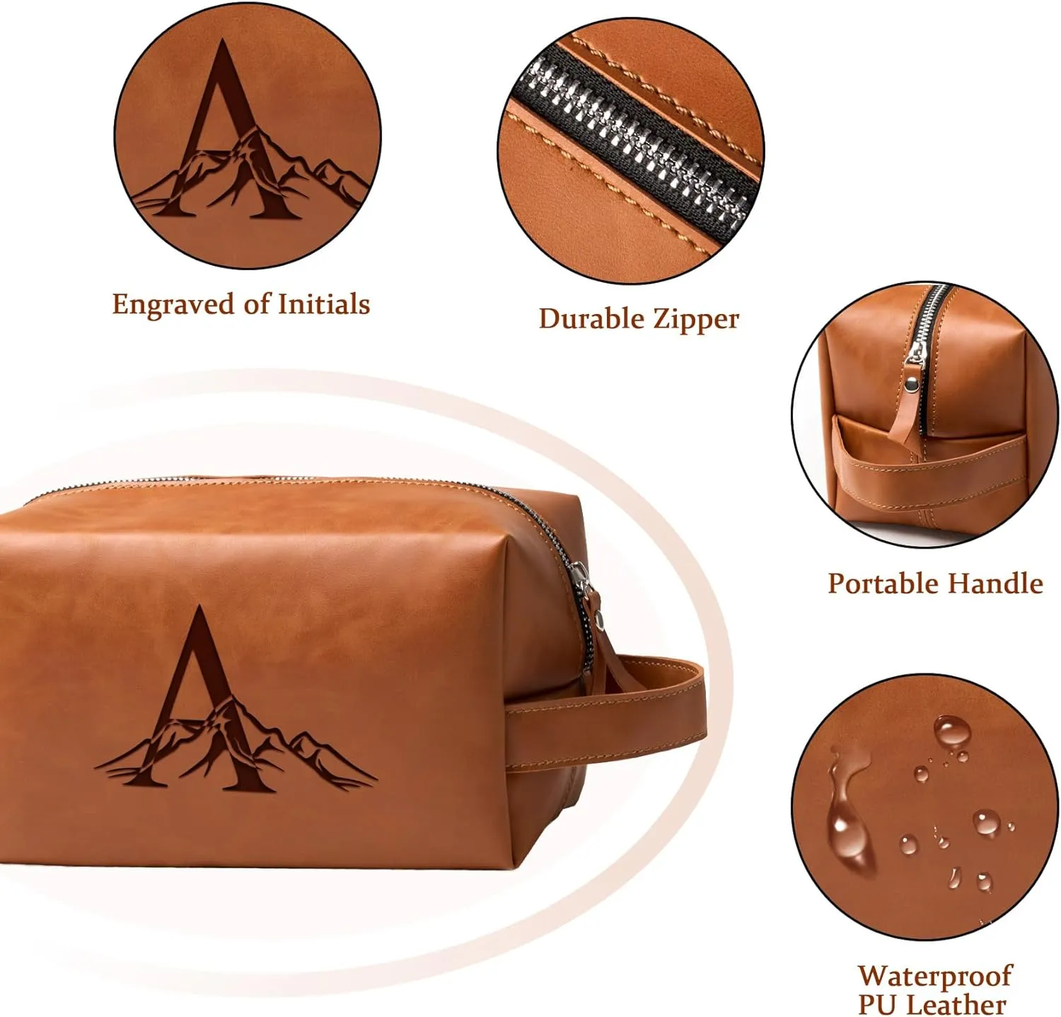 Personalized Gifts Travel Toiletry Bag for Men Engraved Initial PU Leather Waterproof Shaving Bag for Toiletries Accessories Fathers Day Birthday Gift for Men Dad Husband Son, Light Brown J