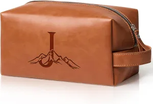 Personalized Gifts Travel Toiletry Bag for Men Engraved Initial PU Leather Waterproof Shaving Bag for Toiletries Accessories Fathers Day Birthday Gift for Men Dad Husband Son, Light Brown J