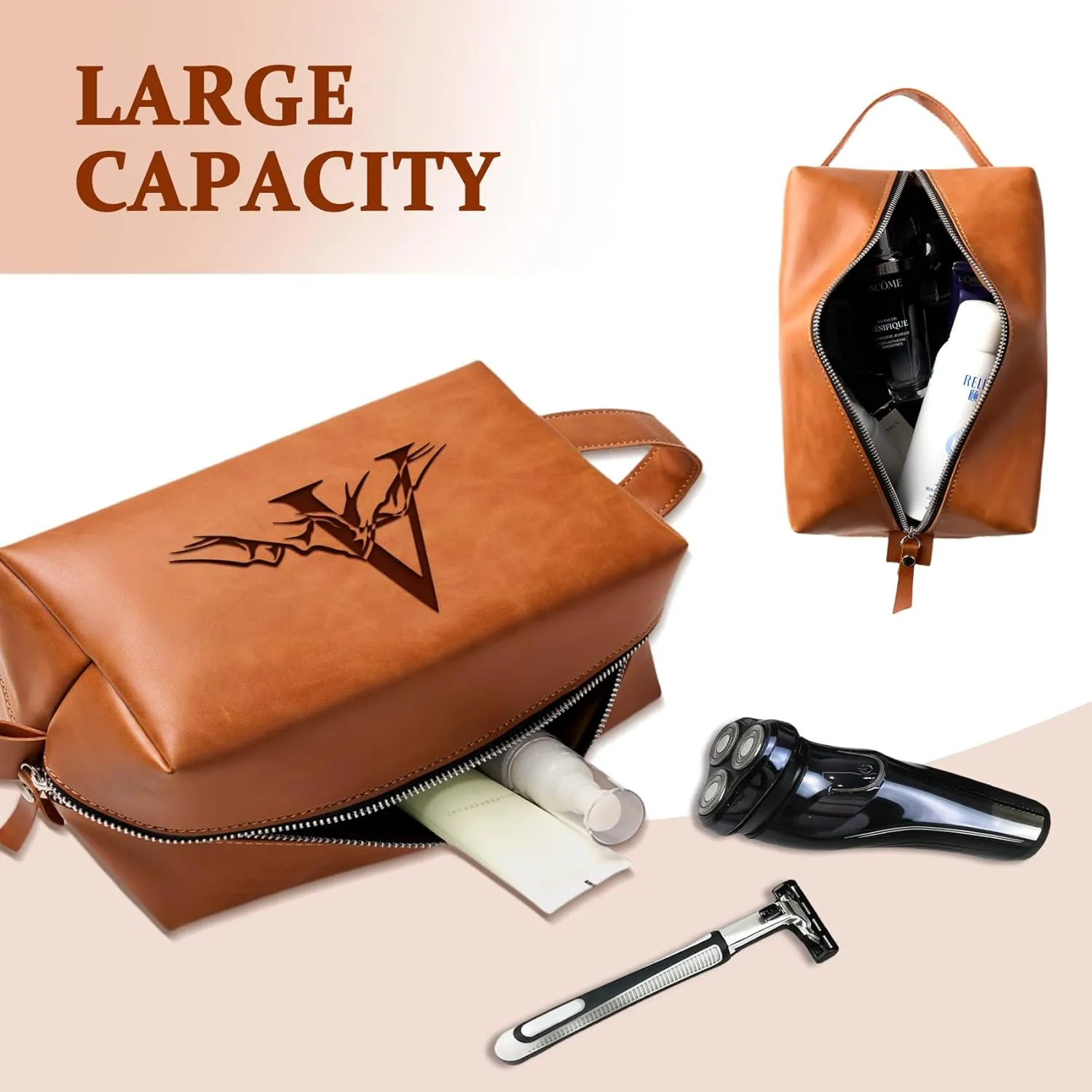 Personalized Gifts Travel Toiletry Bag for Men Engraved Initial PU Leather Waterproof Shaving Bag for Toiletries Accessories Fathers Day Birthday Gift for Men Dad Husband Son, Light Brown J