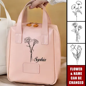 Personalized Leather Birthday Flower Travel Tote Organizer Makeup Bag