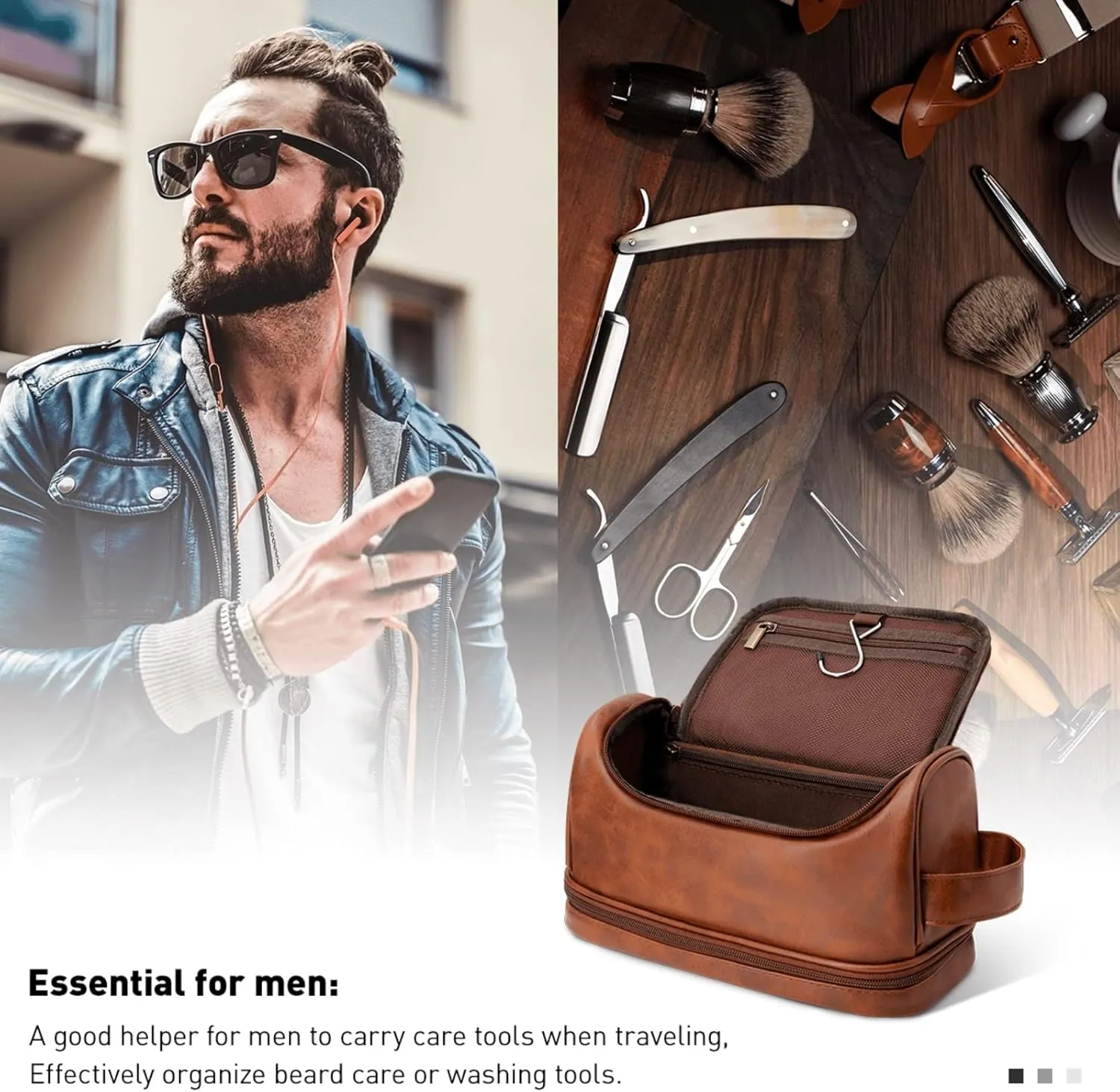 Personalized Leather Toiletry Bag For Men Custom Mens Handcrafted Travel Bag For Husband Boyfriend Dad Birthday Anniversary Wedding Groomsmen Gifts