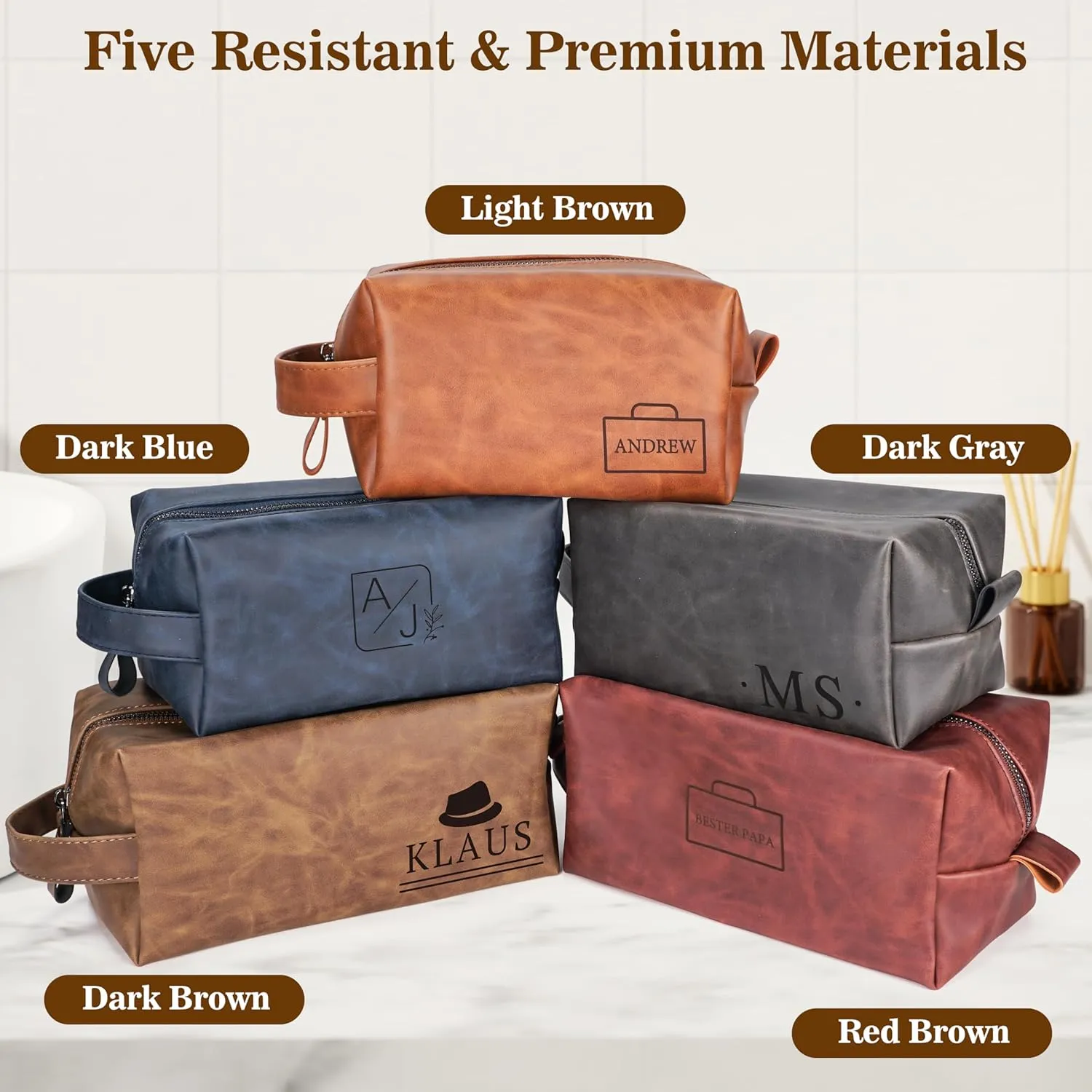 Personalized Leather Toiletry Bag for Men,Personalized with Laser Engraved Monogram,Premium Leather Dopp Kit,Travel Toiletry Bag – Gift for Men（Blue M