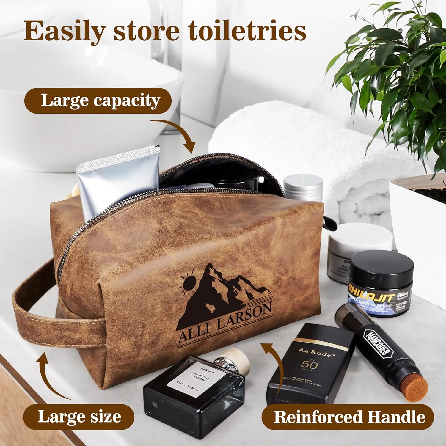 Personalized Leather Toiletry Bag for Men,Personalized with Laser Engraved Monogram,Premium Leather Dopp Kit,Travel Toiletry Bag – Gift for Men（Blue M