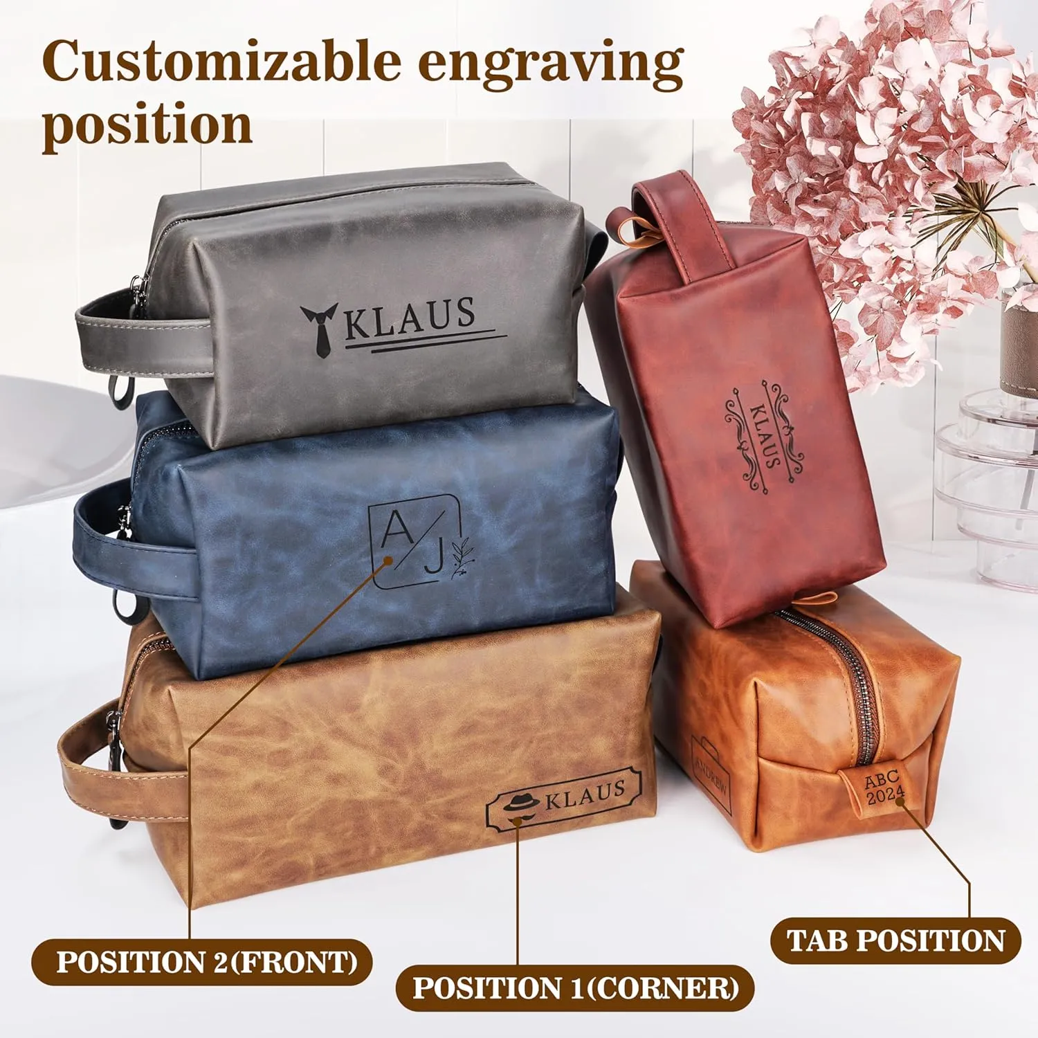 Personalized Leather Toiletry Bag for Men,Personalized with Laser Engraved Monogram,Premium Leather Dopp Kit,Travel Toiletry Bag – Gift for Men（Blue M