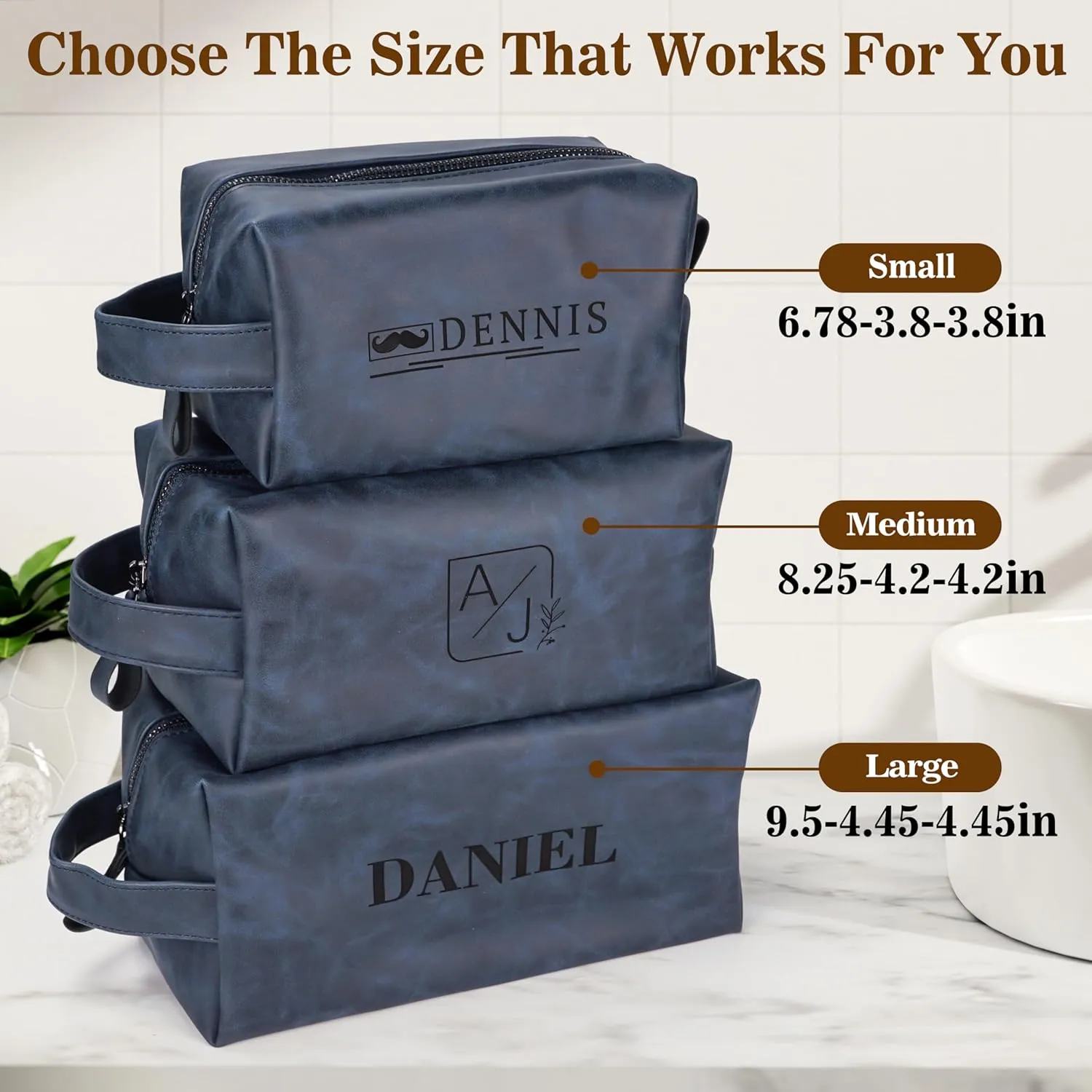 Personalized Leather Toiletry Bag for Men,Personalized with Laser Engraved Monogram,Premium Leather Dopp Kit,Travel Toiletry Bag – Gift for Men（Blue M