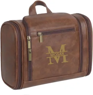 Personalized Leather Toiletry Bag for Women and Men Hanging Makeup Bag Travel Dopp Kit Bathroom Shaving Bags Gift for Fathers Men Boyfriend