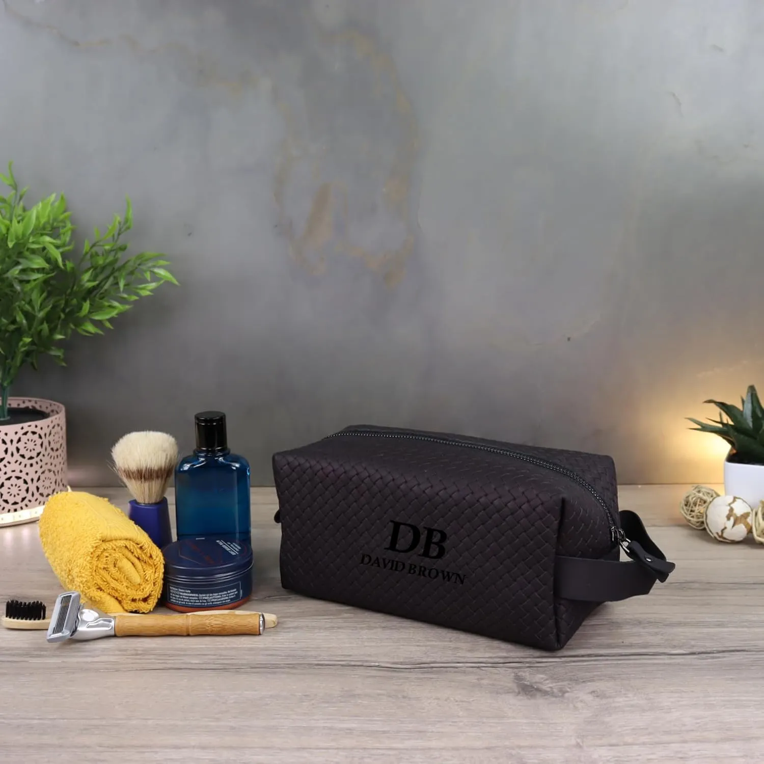Personalized Premium Genuine Leather Dopp Kit for Men - Handcrafted Toiletry Travel Bag with Monogram Option - Gift for Groomsmen, Father's Day, Anniversary, Wedding Gift for Groomsmen (Black-2)