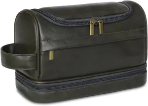 Personalized Toiletry Bag for Men and Women Leather Toiletry Organizer Shaving Dopp Kit Travel Bathroom Bag Cosmetic Pouch（DarkGreen）