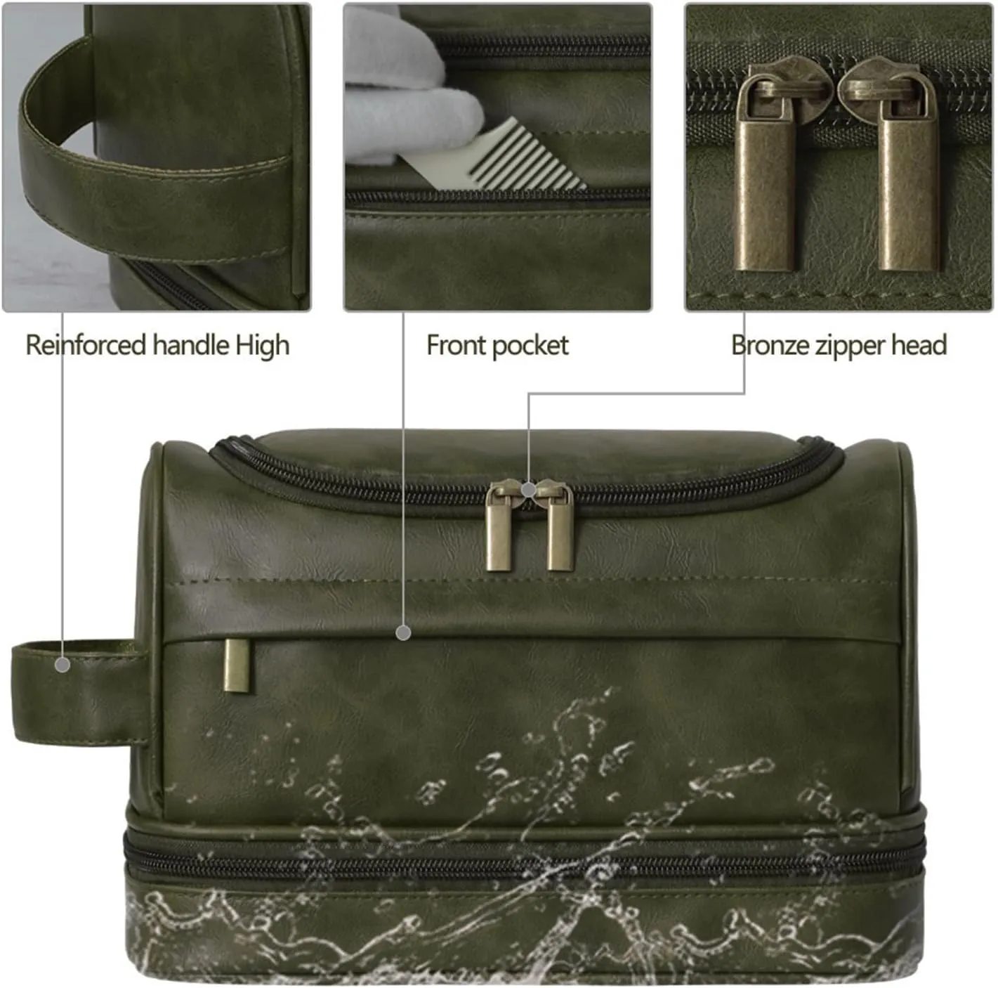 Personalized Toiletry Bag for Men and Women Leather Toiletry Organizer Shaving Dopp Kit Travel Bathroom Bag Cosmetic Pouch（DarkGreen）