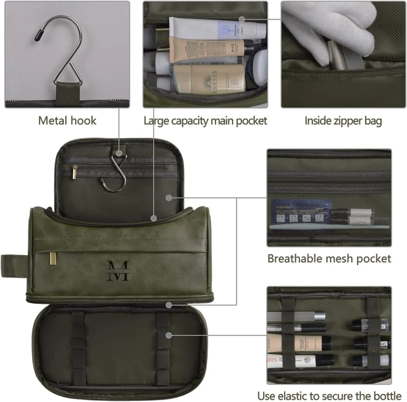 Personalized Toiletry Bag for Men and Women Leather Toiletry Organizer Shaving Dopp Kit Travel Bathroom Bag Cosmetic Pouch（DarkGreen）