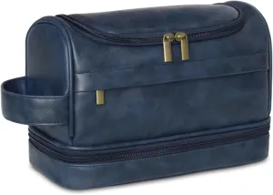 Personalized Toiletry Bag for Men and Women Leather Toiletry Organizer Shaving Dopp Kit Travel Bathroom Bag Cosmetic Pouch（NavyBlue）