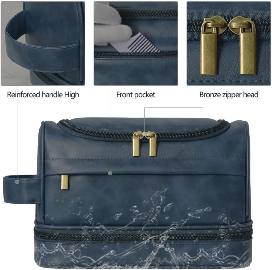 Personalized Toiletry Bag for Men and Women Leather Toiletry Organizer Shaving Dopp Kit Travel Bathroom Bag Cosmetic Pouch（NavyBlue）