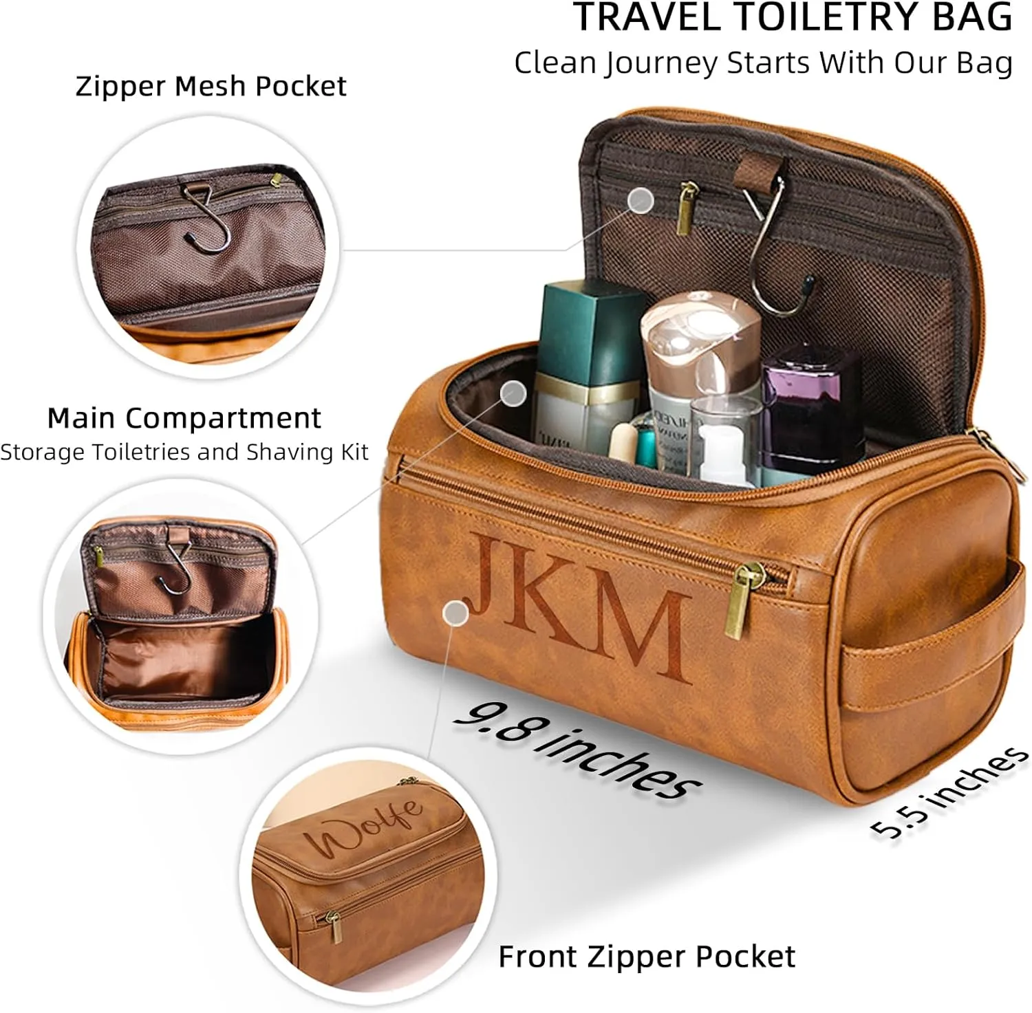 Personalized Toiletry Bag for Men, Customized PU Leather Dopp Kit, Custom Name Shaving Bag for Travel, Handcrafted Gift for Groomsmen, Dad, Husband, Grandpa, Christmas Day, Birthday - LightBrown