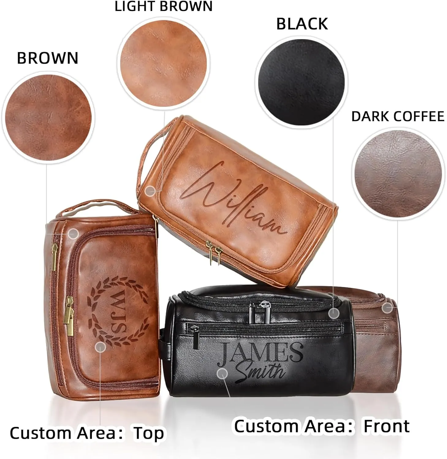 Personalized Toiletry Bag for Men, Customized PU Leather Dopp Kit, Custom Name Shaving Bag for Travel, Handcrafted Gift for Groomsmen, Dad, Husband, Grandpa, Christmas Day, Birthday - LightBrown