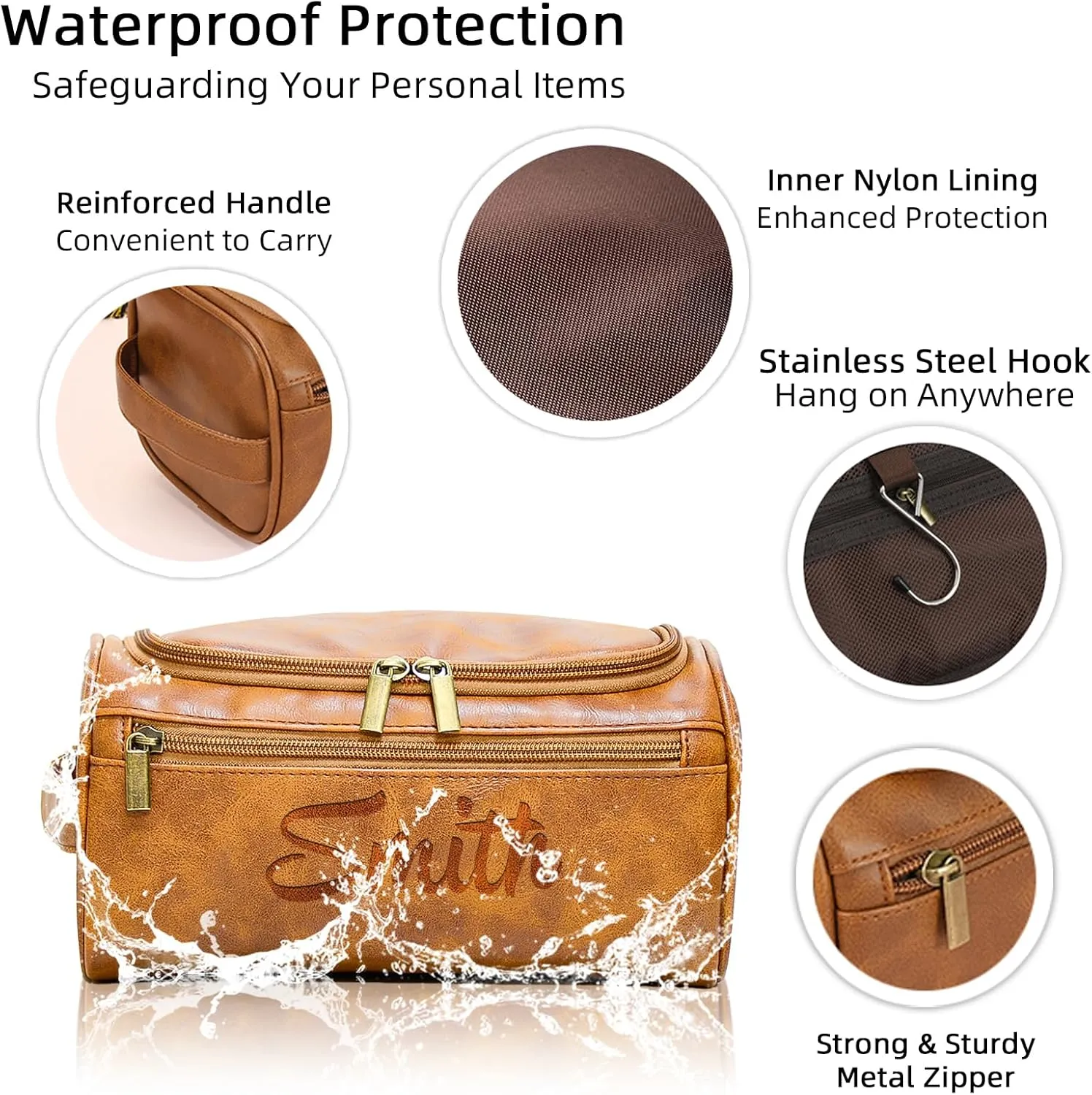 Personalized Toiletry Bag for Men, Customized PU Leather Dopp Kit, Custom Name Shaving Bag for Travel, Handcrafted Gift for Groomsmen, Dad, Husband, Grandpa, Christmas Day, Birthday - LightBrown