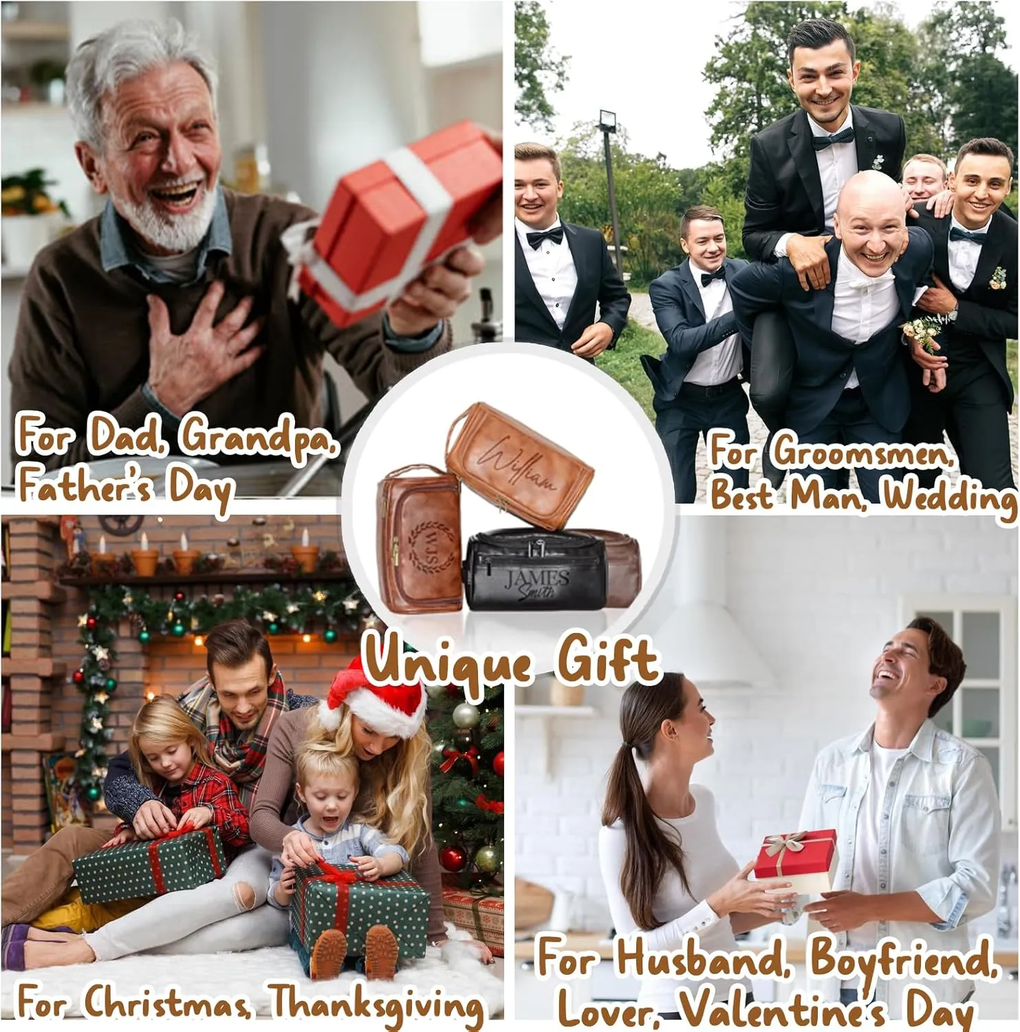 Personalized Toiletry Bag for Men, Customized PU Leather Dopp Kit, Custom Name Shaving Bag for Travel, Handcrafted Gift for Groomsmen, Dad, Husband, Grandpa, Christmas Day, Birthday - LightBrown