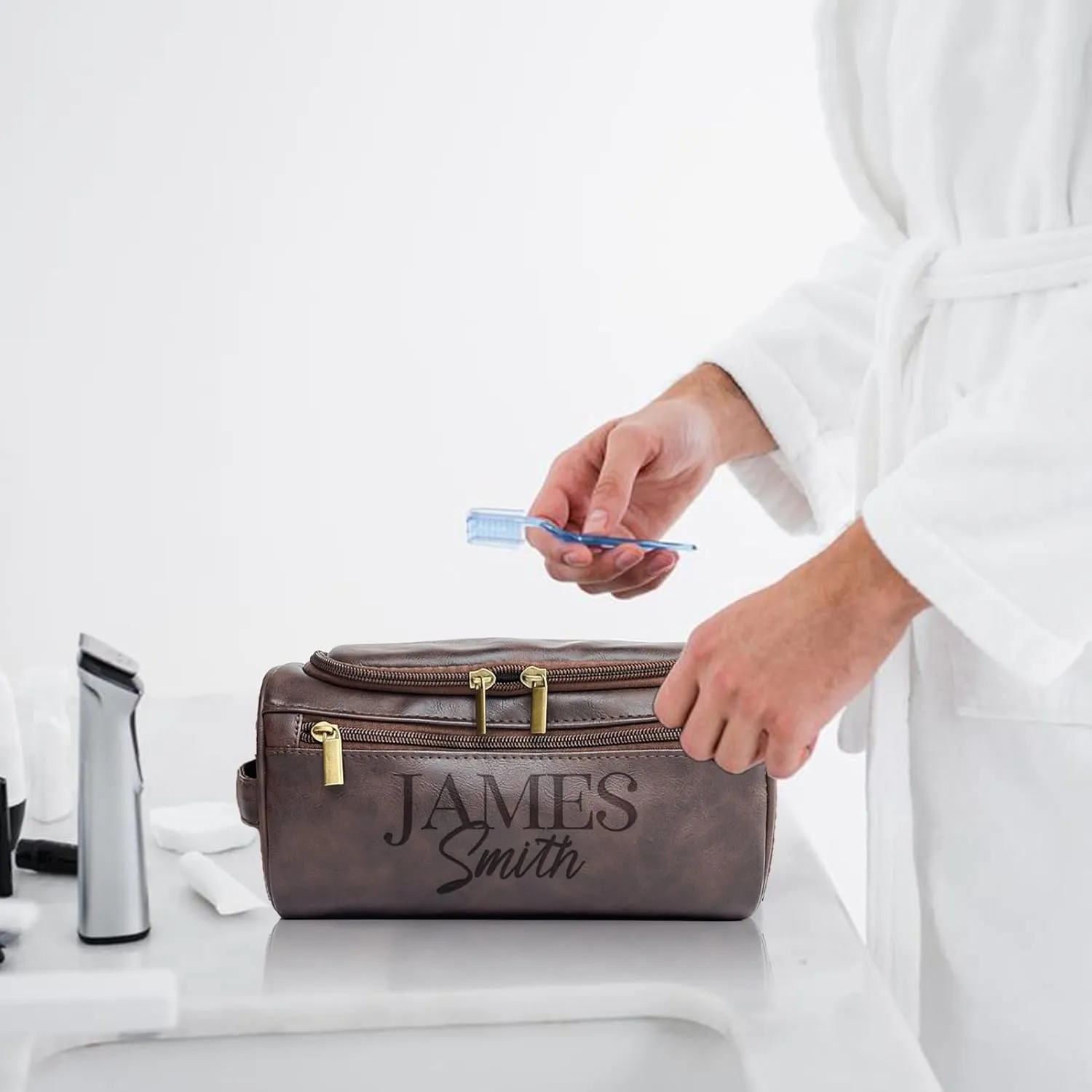 Personalized Toiletry Bag for Men, Customized PU Leather Dopp Kit, Custom Name Shaving Bag for Travel, Handcrafted Gift for Groomsmen, Dad, Husband, Grandpa, Christmas Day, Birthday - LightBrown