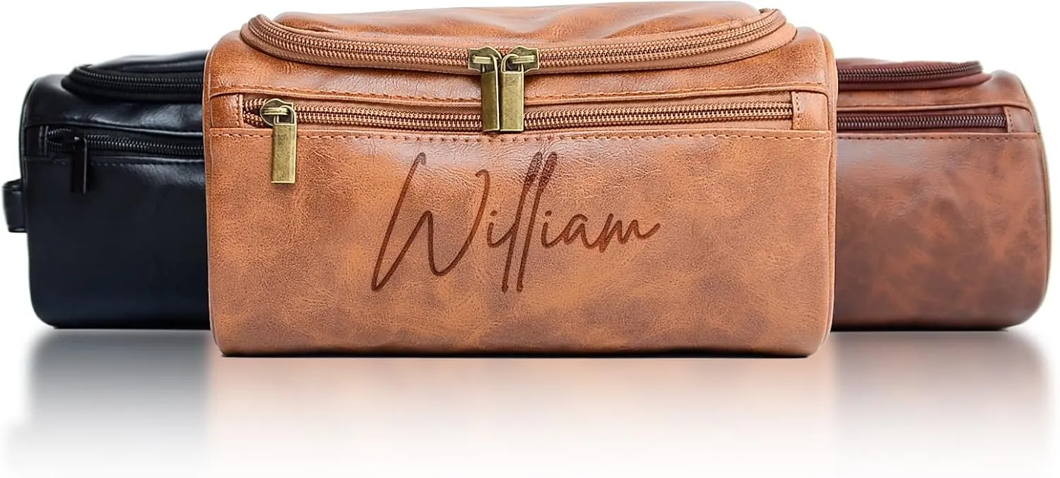 Personalized Toiletry Bag for Men, Customized PU Leather Dopp Kit, Custom Name Shaving Bag for Travel, Handcrafted Gift for Groomsmen, Dad, Husband, Grandpa, Christmas Day, Birthday - LightBrown