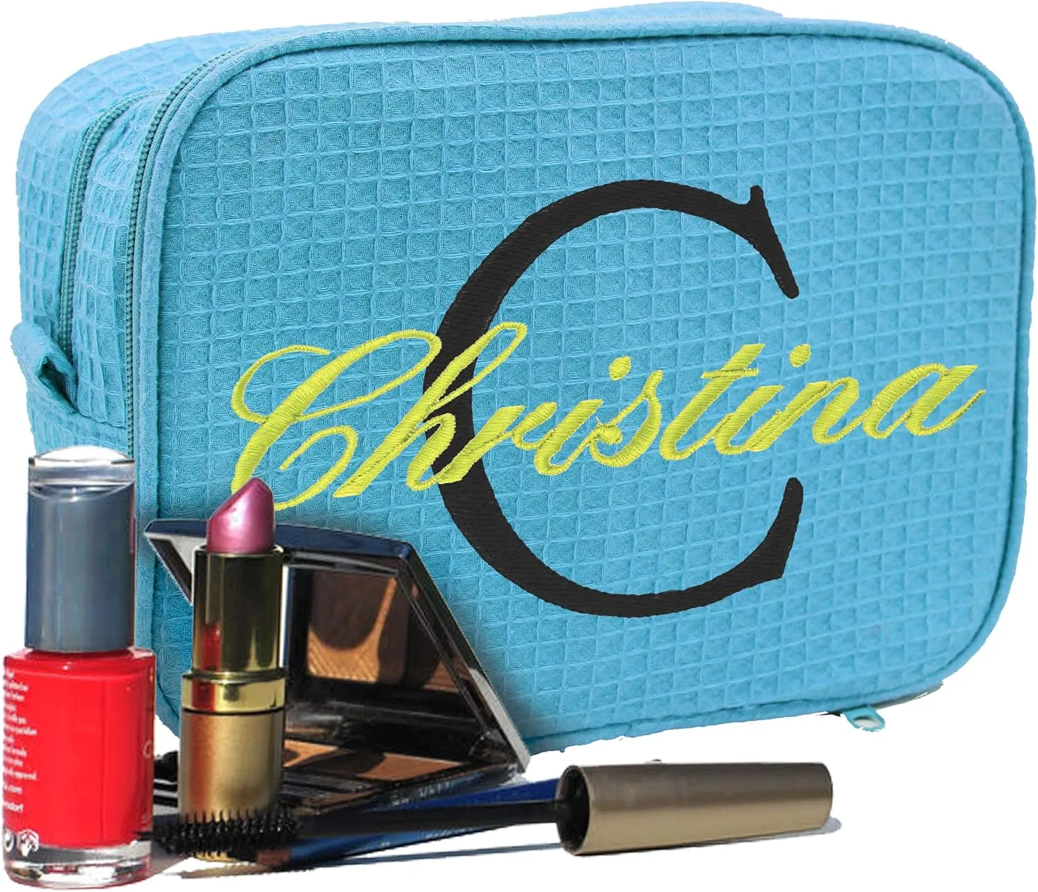 Personalized Waffle Makeup Bag - Monogrammed Cosmetic Make Up Travel Train Case - Custom Embroidered (Teal)