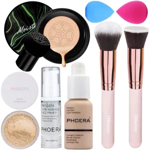 PHOERA Foundation Full Coverage Makeup, Mushroom Head Air Cushion CC Cream Natural Foundation, PHOERA Primer, PHOERA Powder, Brushes Foundation Brush,2 Makeup Sponge (103Warm peach   03Warm NudeCC)