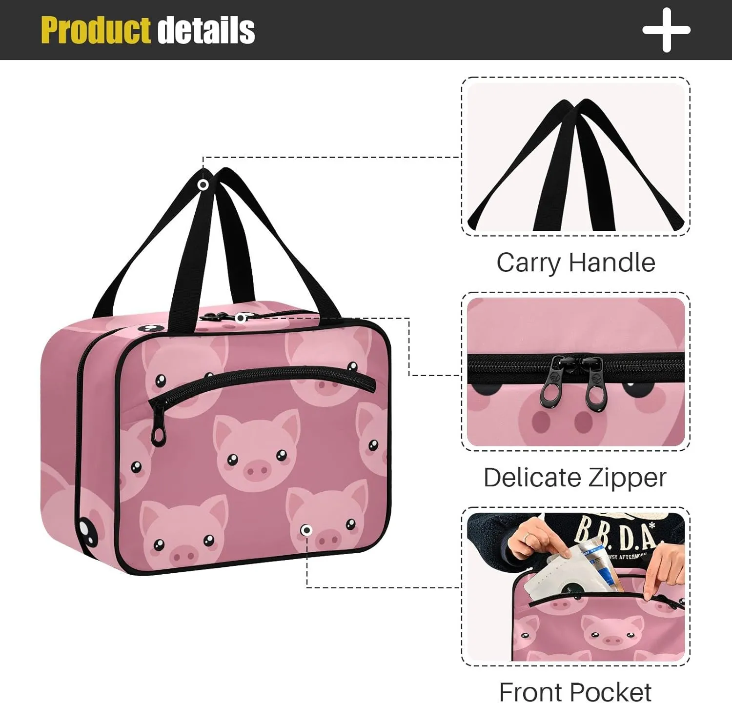 Pink Cute Pig Piggy Toiletry Bag for Women Travel Makeup Bag Organizer with Hanging Hook Cosmetic Bags Hanging Toiletry Bag for Women Men Travel Bag for Toiletries Full Sized Container Brushes