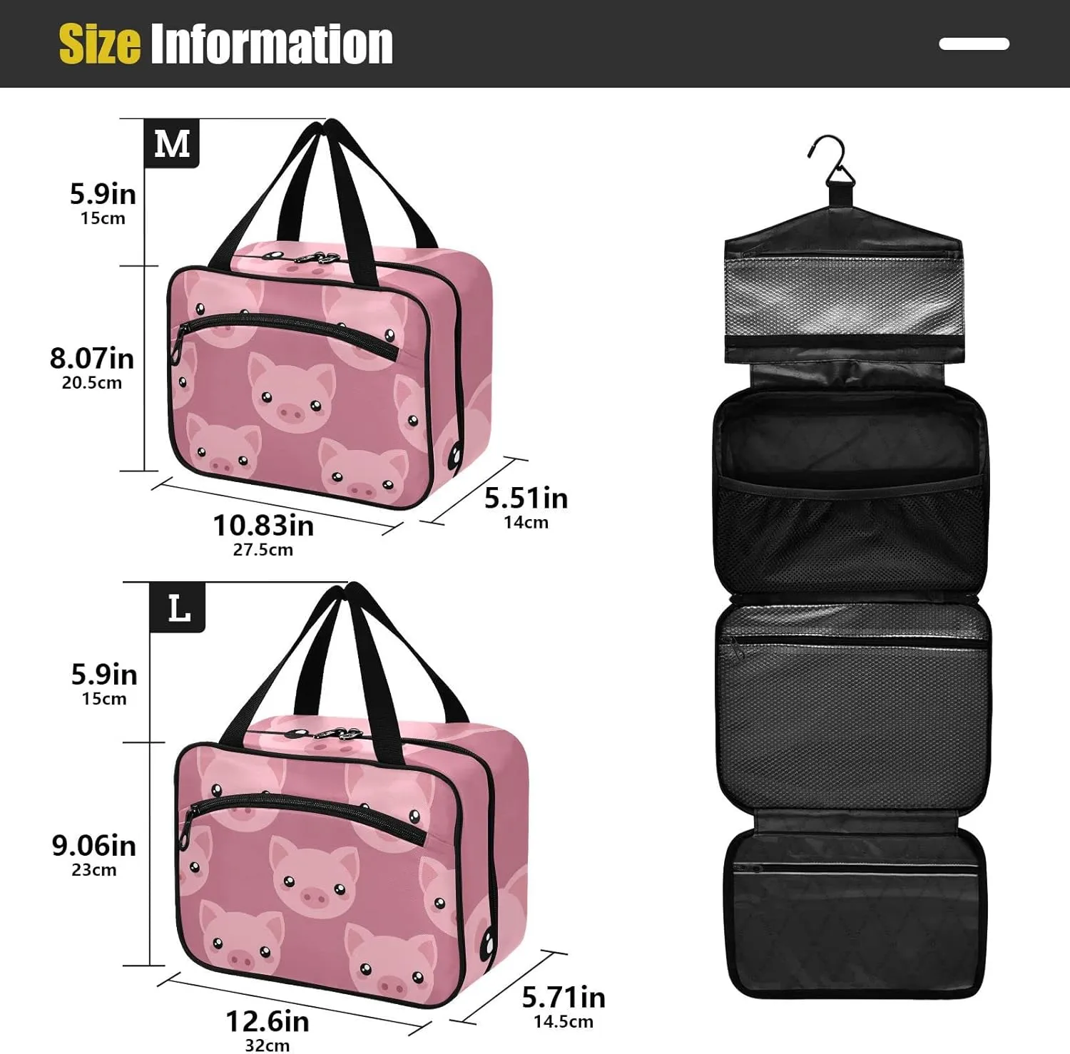 Pink Cute Pig Piggy Toiletry Bag for Women Travel Makeup Bag Organizer with Hanging Hook Cosmetic Bags Hanging Toiletry Bag for Women Men Travel Bag for Toiletries Full Sized Container Brushes