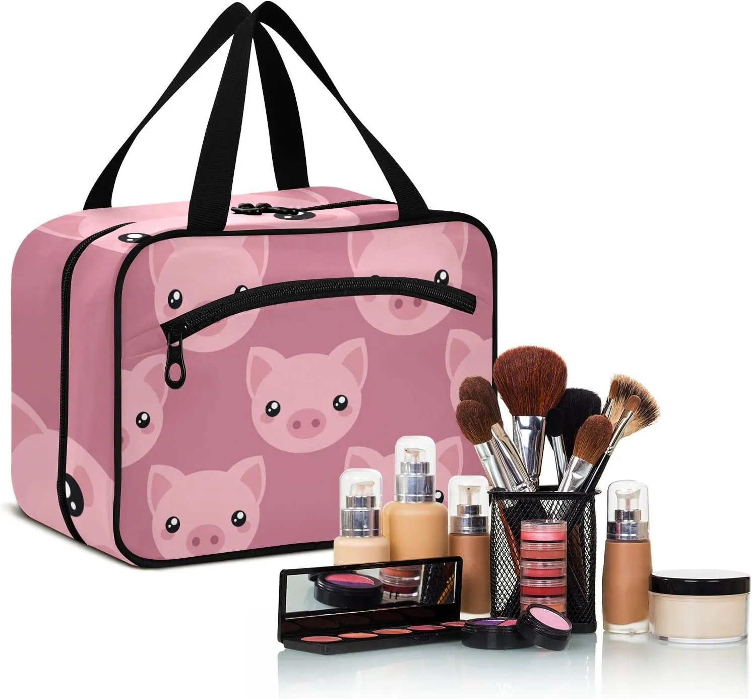 Pink Cute Pig Piggy Toiletry Bag for Women Travel Makeup Bag Organizer with Hanging Hook Cosmetic Bags Hanging Toiletry Bag for Women Men Travel Bag for Toiletries Full Sized Container Brushes