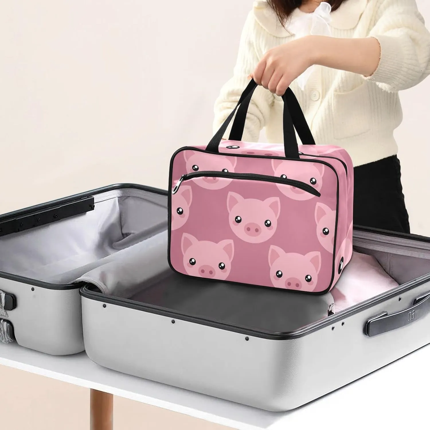 Pink Cute Pig Piggy Toiletry Bag for Women Travel Makeup Bag Organizer with Hanging Hook Cosmetic Bags Hanging Toiletry Bag for Women Men Travel Bag for Toiletries Full Sized Container Brushes