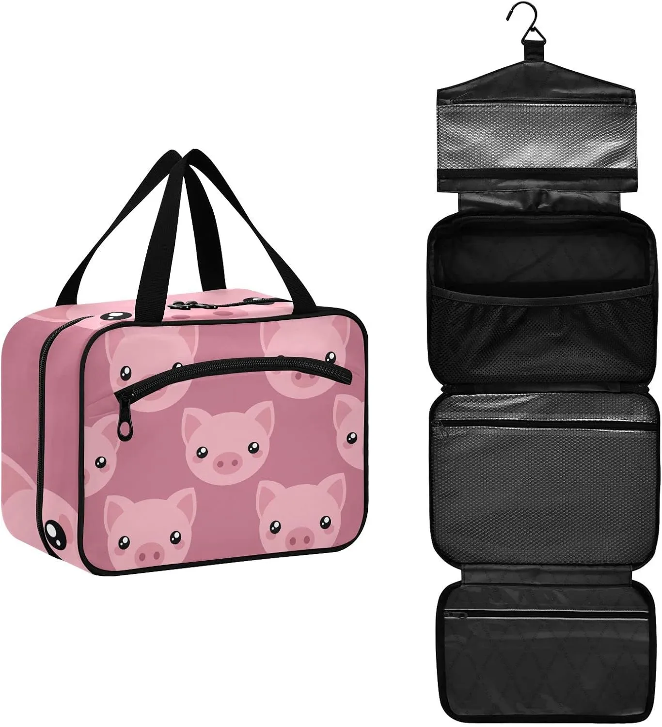 Pink Cute Pig Piggy Toiletry Bag for Women Travel Makeup Bag Organizer with Hanging Hook Cosmetic Bags Hanging Toiletry Bag for Women Men Travel Bag for Toiletries Full Sized Container Brushes