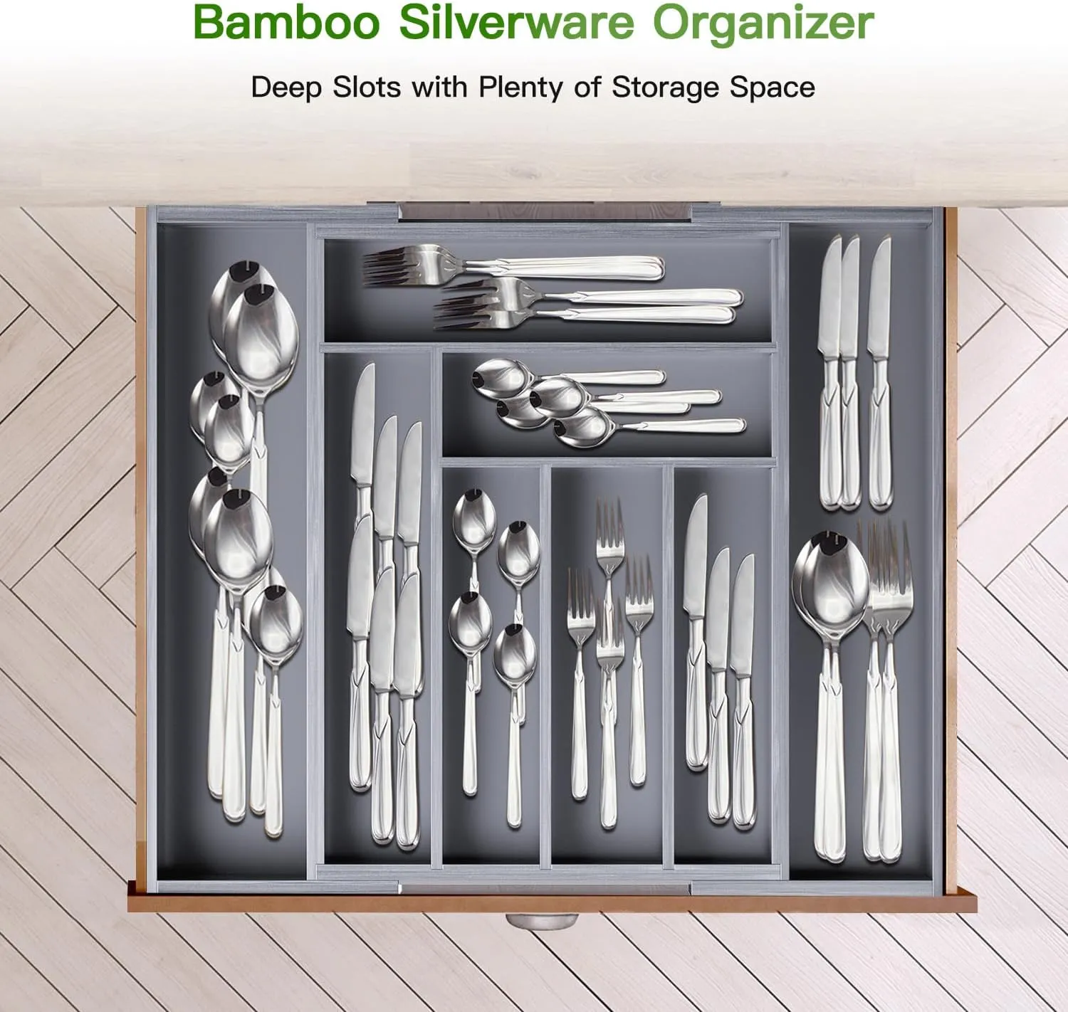 Pipishell Bamboo Expandable Drawer Organizer for Utensils Holder, Adjustable Cutlery Tray, Wood Drawer Dividers Organizer for Silverware, Flatware, Knives in Kitchen, Bedroom, Living Room(Grey)