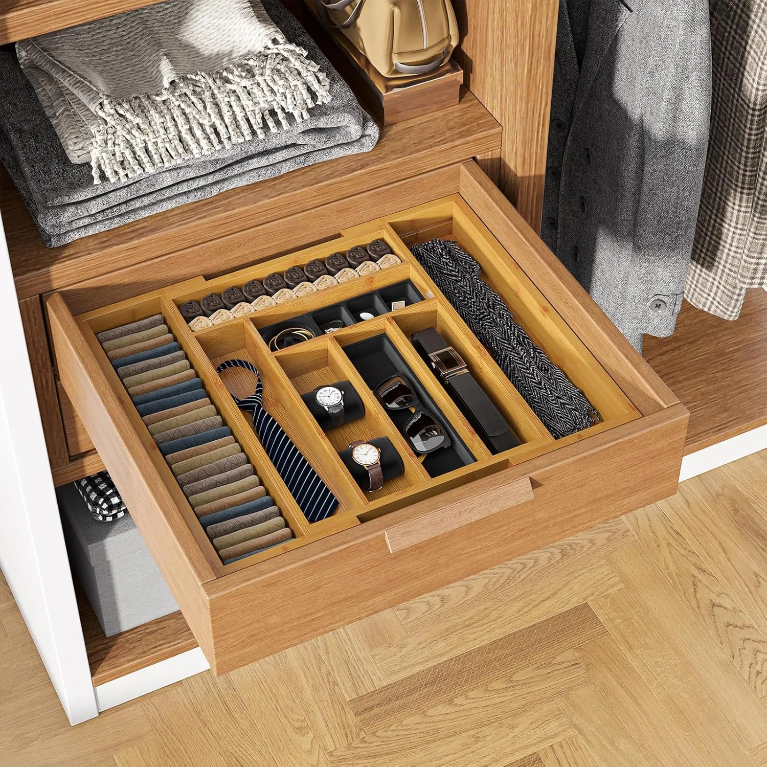 Pipishell Bamboo Silverware Organizer, Expandable Cutlery Tray, Utensil Drawer Organizer in Kitchen for Spoons Forks Knives, Multipurpose Use, Natural, Large