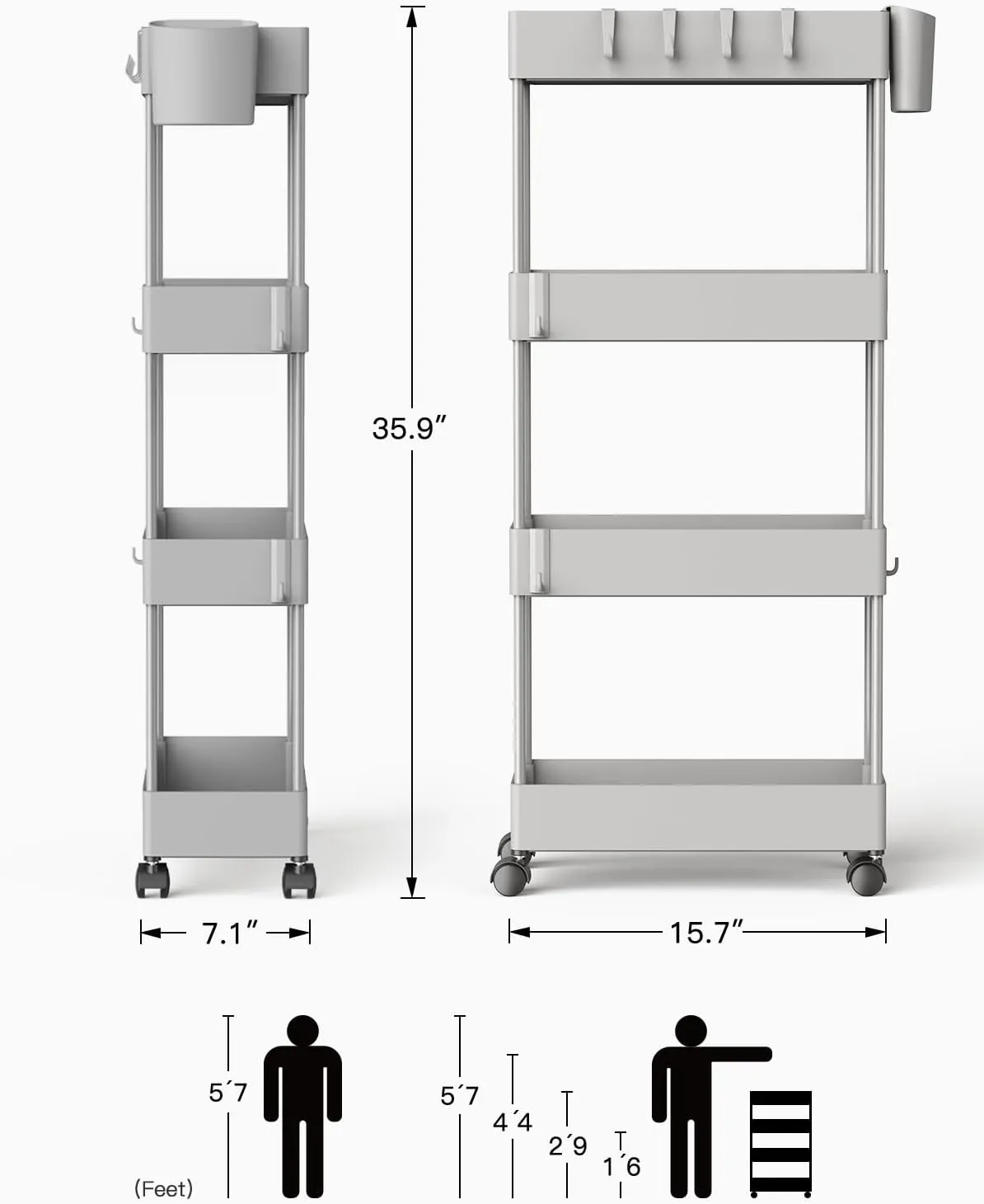 Pipishell Slim Storage Cart with Wheels, 4 Tier Bathroom Storage Organizer Rolling Utility Cart for Bathroom Kitchen Laundry Room Office Narrow Place (Gray)