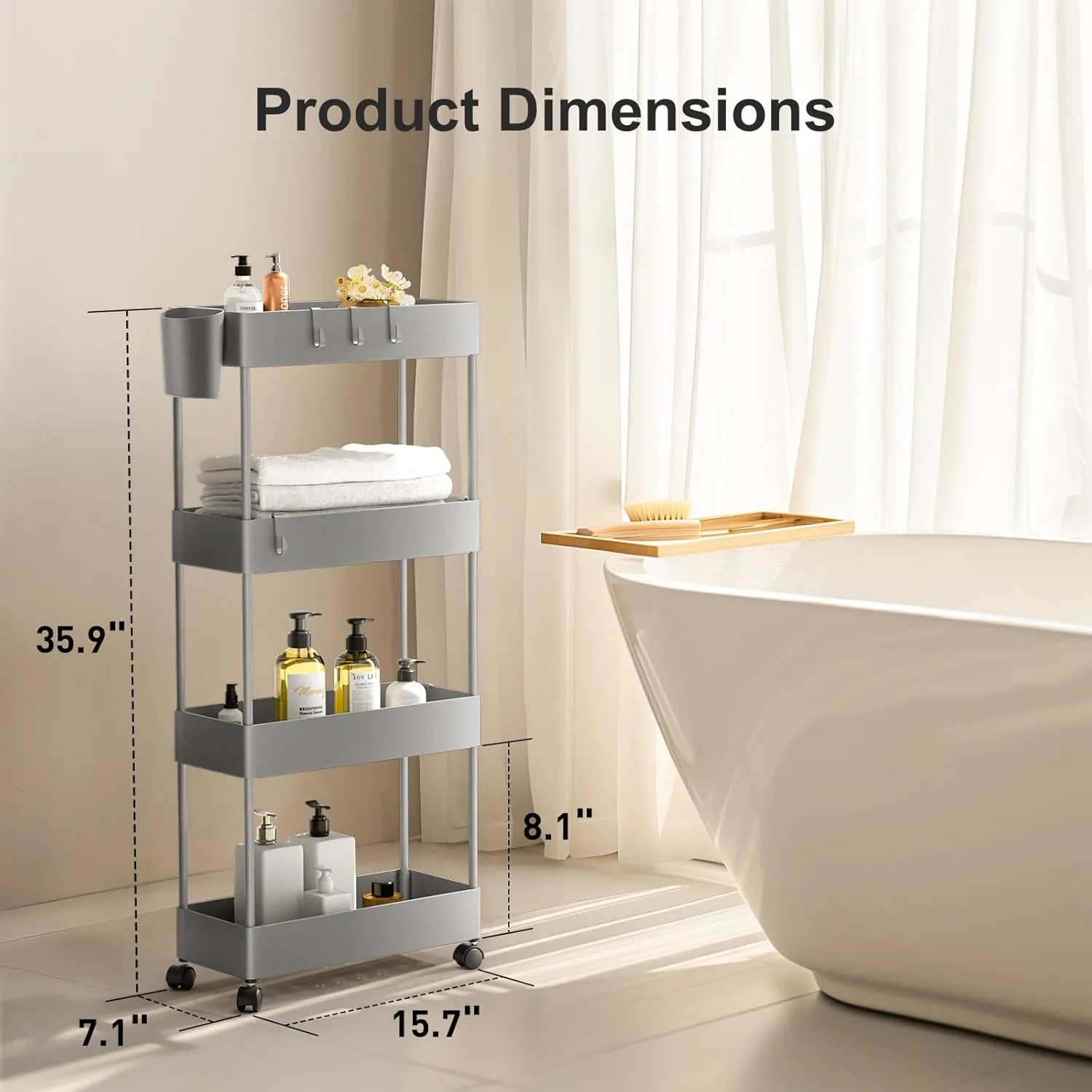 Pipishell Slim Storage Cart with Wheels, 4 Tier Bathroom Storage Organizer Rolling Utility Cart for Bathroom Kitchen Laundry Room Office Narrow Place (Gray)