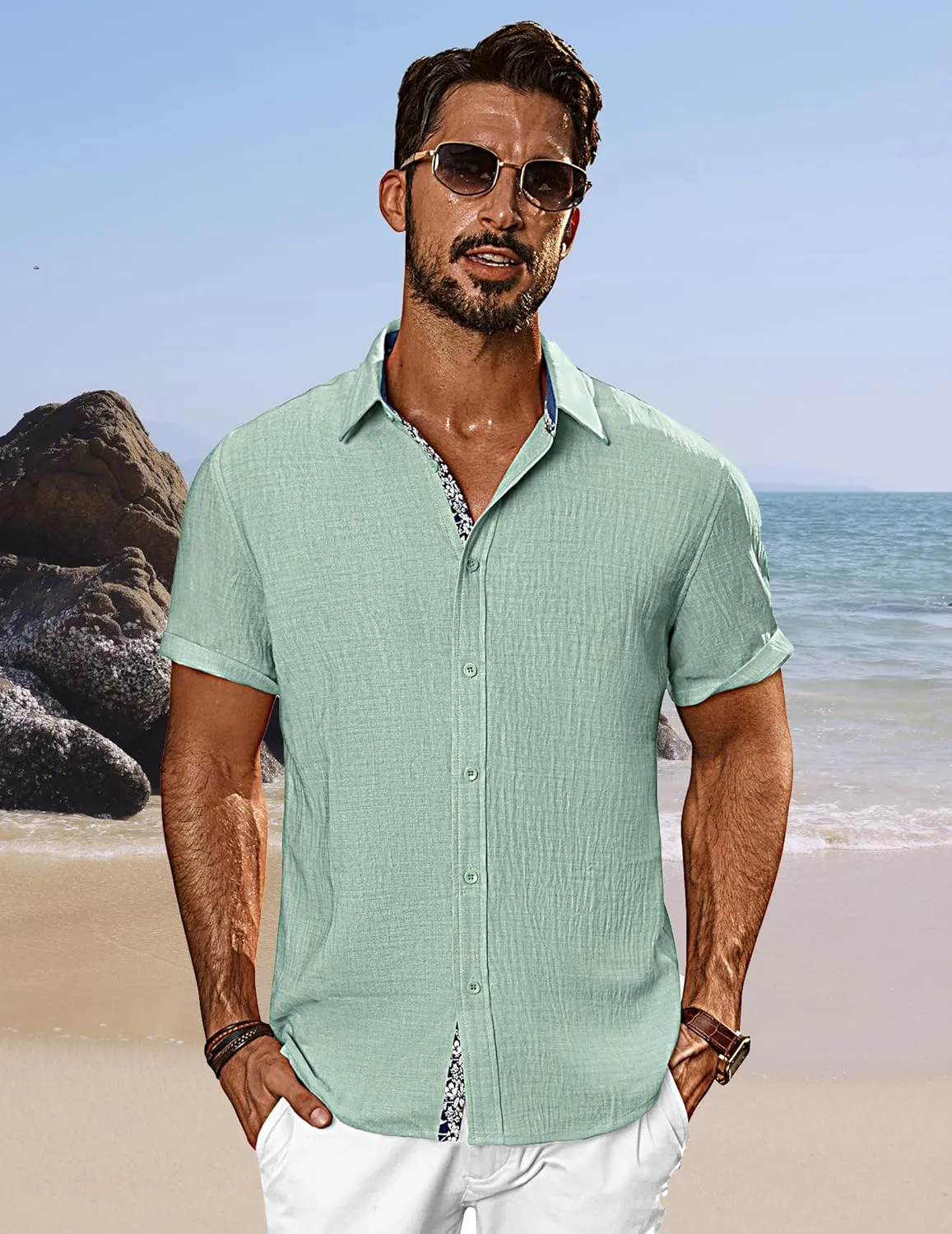 PJ PAUL JONES Mens Short Sleeve Button Down Shirts Casual Beach Summer Vacation Shirts