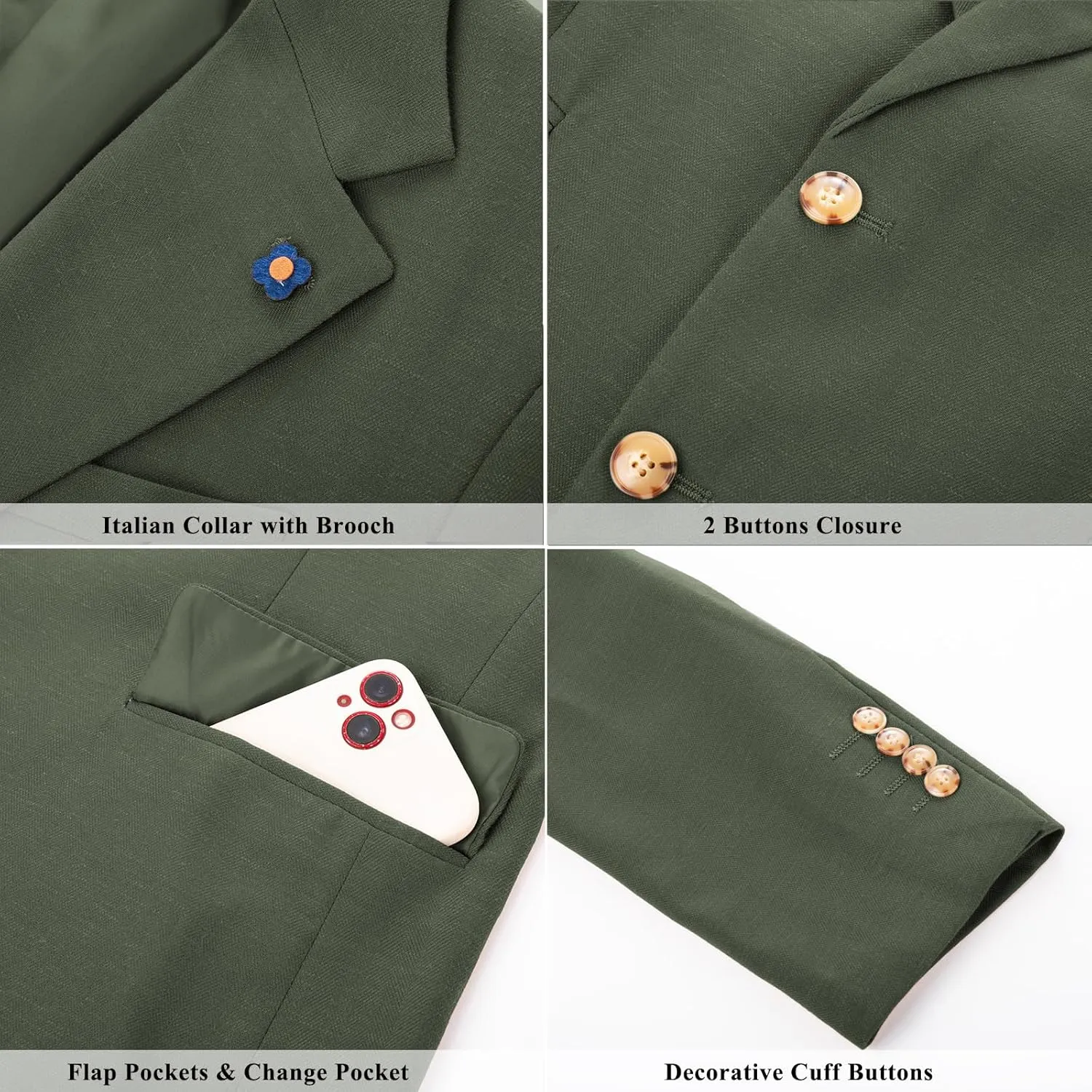 PJ PAUL JONES Men's Sport Coats and Blazers Linen Cotton Blazer Regular Fit 2 Buttons Suit Jacket with Removable Brooch