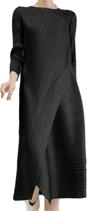 Pleated Solid Color Dress Round Neck Mid-Calf Dresses Office Lady