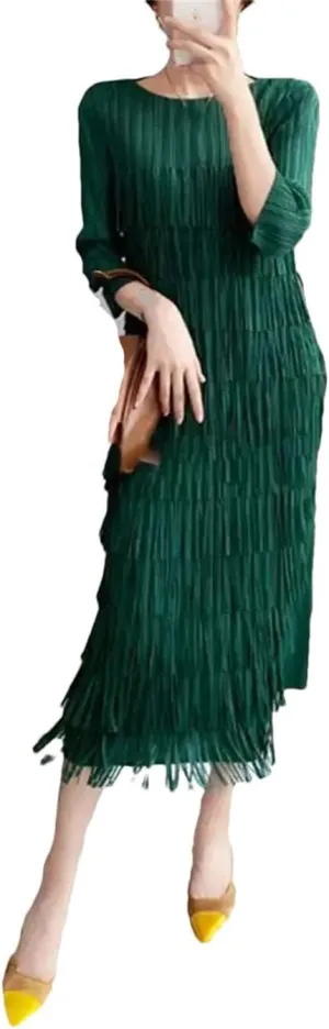 Pleated Tassel Dress Solid Color Women Three Quarter Sleeve Slim Fit Wedding Party Clothes