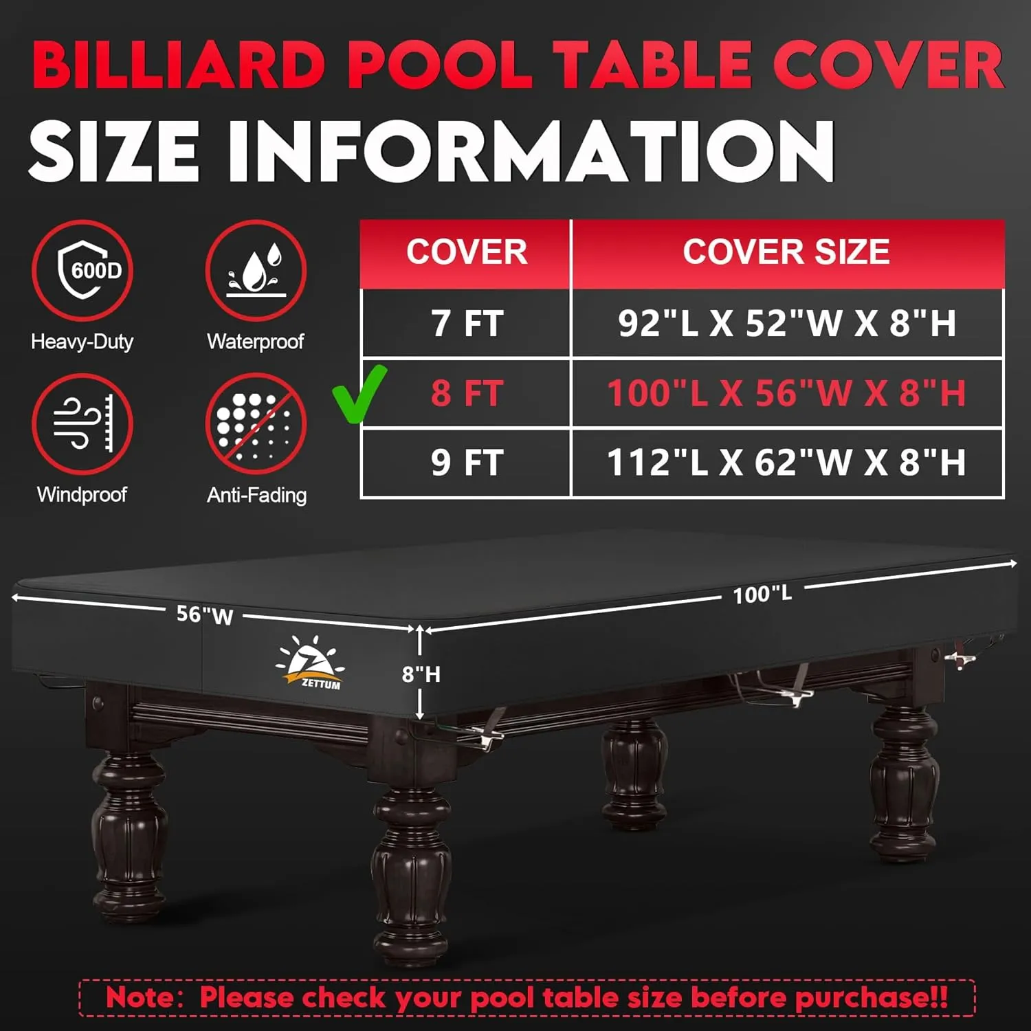 Pool Table Cover - Billiard Table Covers, 600D Waterproof Covers for Billiard Pool Table, Heavy Duty Scratched-Free UV Protection Snooker Furniture Table Cover - 8 Feet