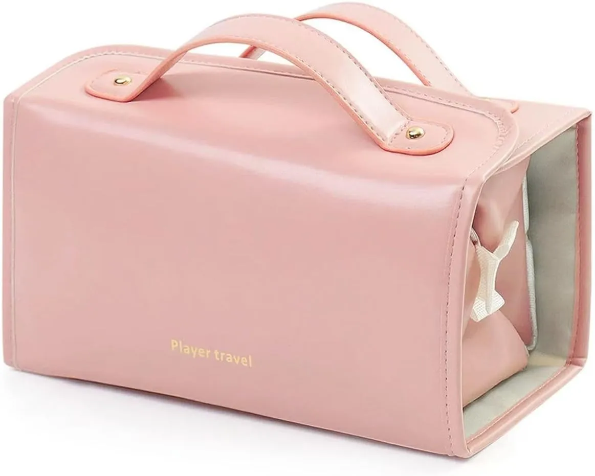 Portable 4-in-1 Foldable makeup Bag Leather Waterproof Cosmetic Bag Travel Toiletry Bag 4 Detachable Clear Multi Compartment Roll up Makeup Bag Hanging Makeup Bag