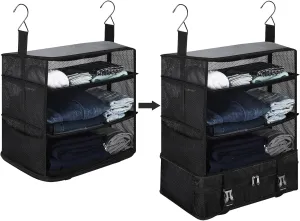 Portable Hanging Travel Shelves, Upgraded Premium Durable Oxford Packing Cubes for Suitcases Hanging Carry on Closet Luggage Organizers for Travel (Black)