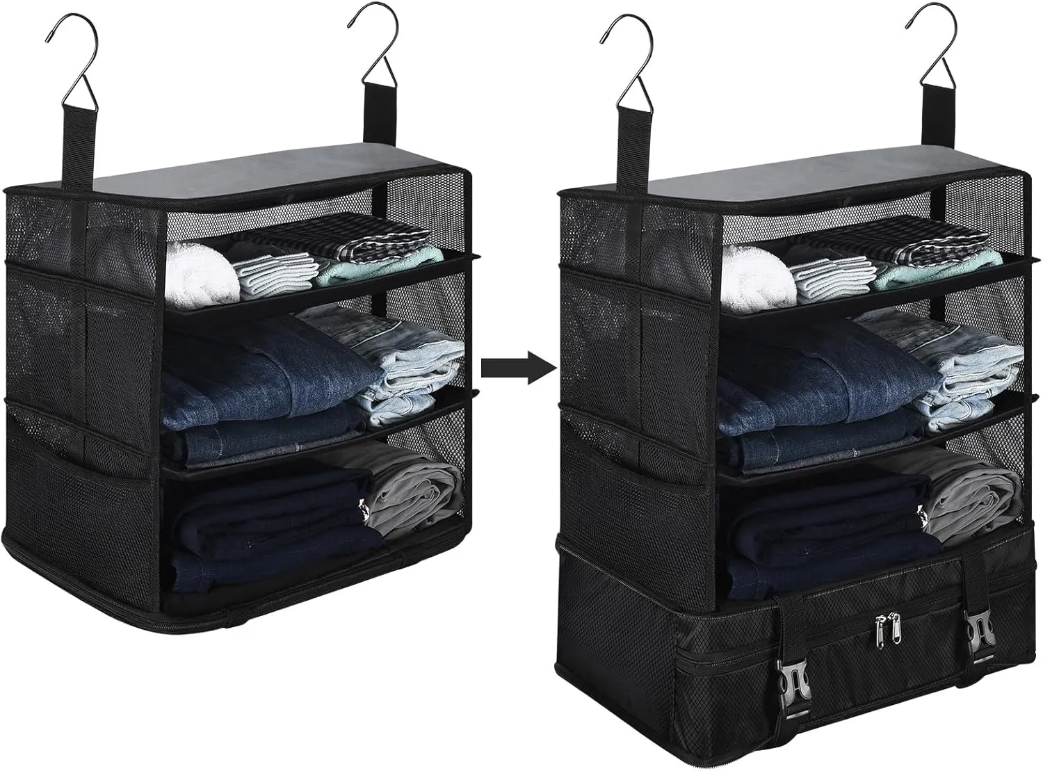 Portable Hanging Travel Shelves, Upgraded Premium Durable Oxford Packing Cubes for Suitcases Hanging Carry on Closet Luggage Organizers for Travel (Black)